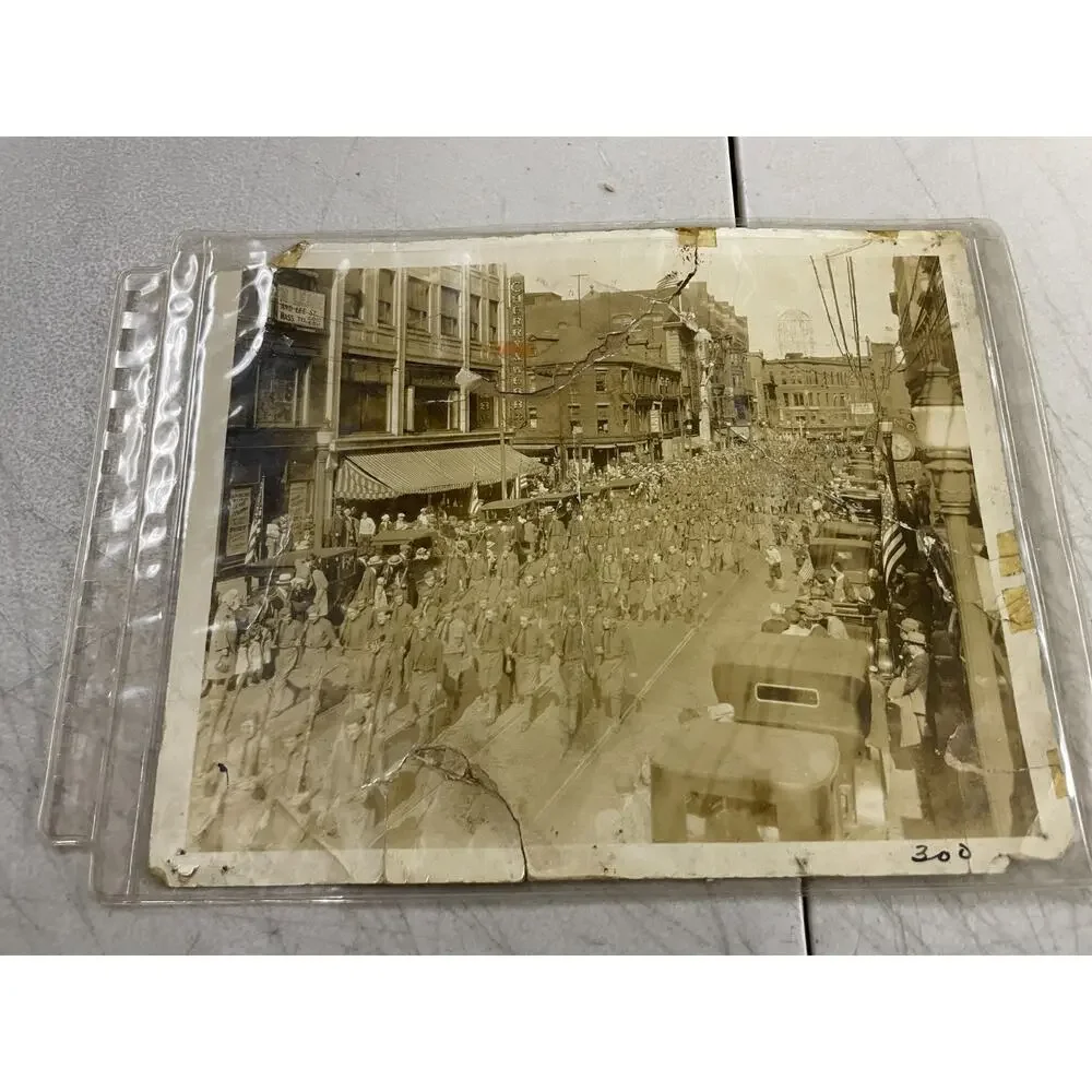Antique WWI Military Soldiers Parade Photo Downtown Street Scene Massachusetts